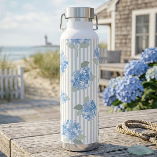Elegant Blue Hydrangea Pattern Grey Stripe  Water Bottle (Creator Uploaded)