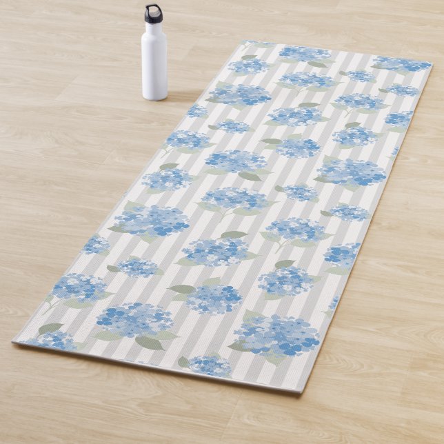 Elegant Blue Hydrangea Pattern Grey Stripe  Yoga Mat (In Situ)