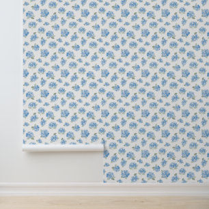 Elegant Blue Hydrangea Pattern on White Wallpaper