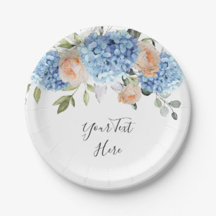 Elegant Blue Hydrangea Pink Blush Roses  Party Paper Plate