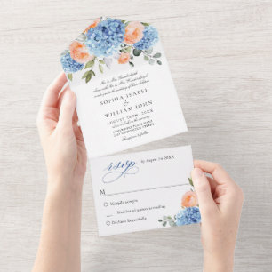 Elegant Blue Hydrangea Pink Blush Roses Wedding All In One Invitation