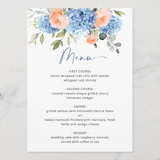 Elegant Blue Hydrangea Pink Blush Roses Wedding Menu (Front)
