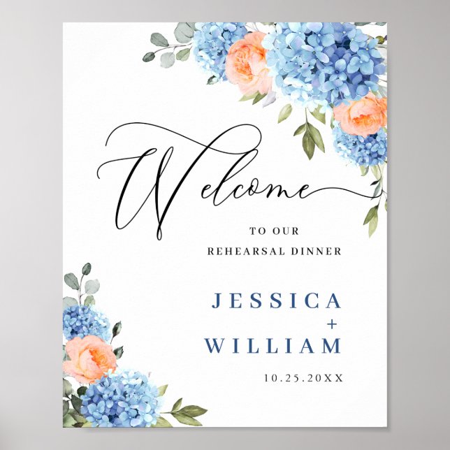 Elegant Blue Hydrangea Pink Blush Roses Wedding Poster (Front)