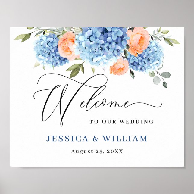 Elegant Blue Hydrangea Pink Blush Roses Wedding Poster (Front)