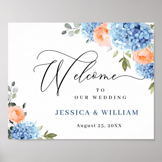Elegant Blue Hydrangea Pink Blush Roses Wedding Poster (Front)