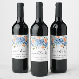 Elegant Blue Hydrangea Pink Blush Roses Wedding Wine Label