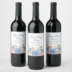 Elegant Blue Hydrangea Pink Blush Roses Wedding Wine Label