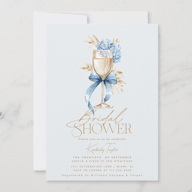 Elegant Blue Hydrangea Prosecco Bow Bridal Shower Invitation (Front)