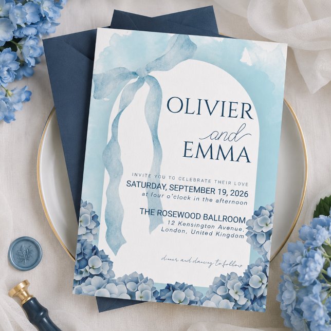 Elegant Blue Hydrangea Ribbon Wedding Invitation (Creator Uploaded)