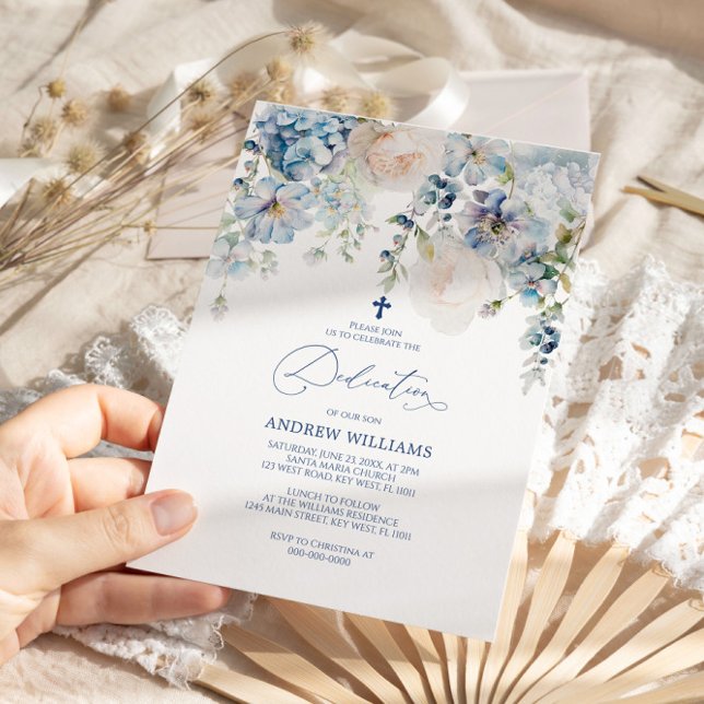 Elegant Blue Hydrangea & Roses Dedication Invitation (Creator Uploaded)