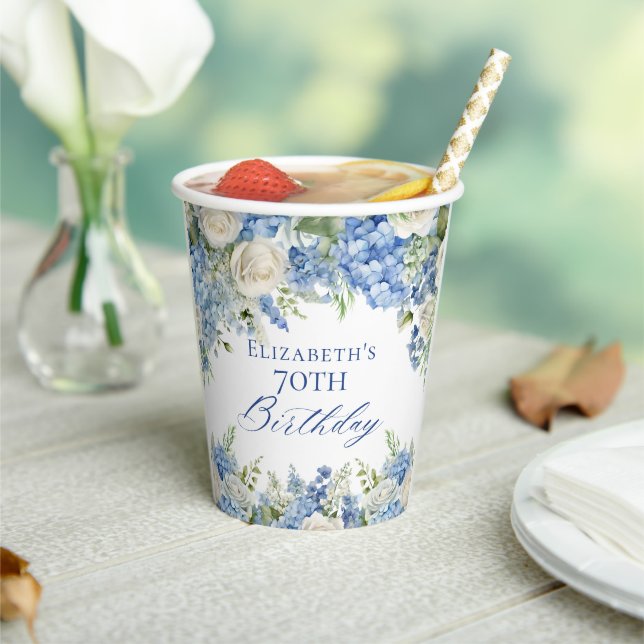 Elegant Blue Hydrangea Roses Garden Birthday Party Paper Cups (Insitu)