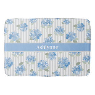 Elegant Blue Hydrangea Sage Green Gray Stripe Name Bath Mat
