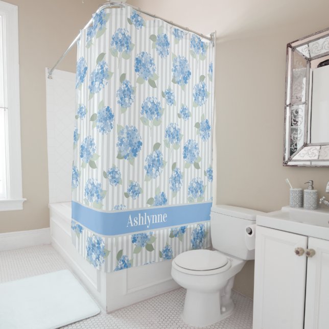 Elegant Blue Hydrangea Sage Green Grey Stripe Name (In Situ)