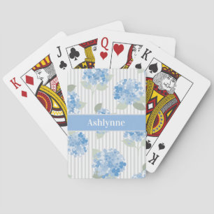Elegant Blue Hydrangea Sage Green Grey Stripe Name Playing Cards