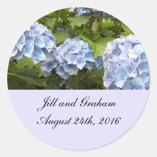 Elegant Blue Hydrangea Save the Date Classic Round Sticker (Front)