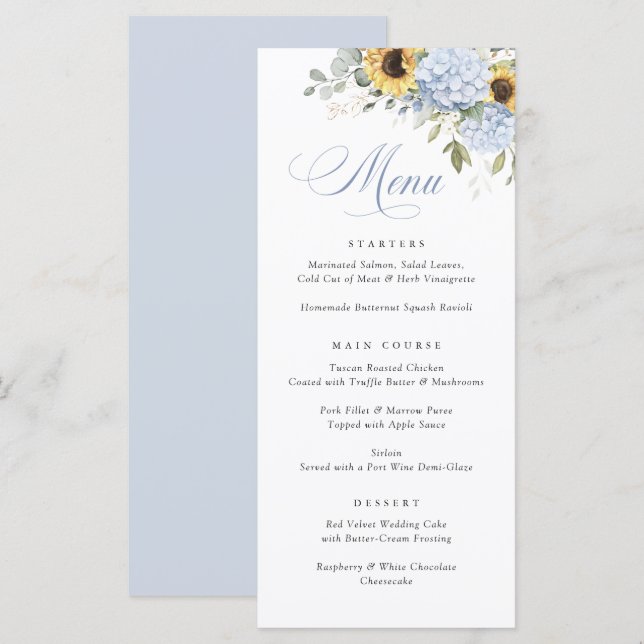 Elégant Blue Hydrangea Sunflowers Menu Mariage (Devant / Derrière)