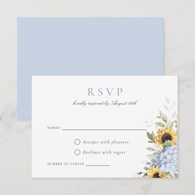 Elegant Blue Hydrangea Sunflowers Wedding RSVP Invitation (Front/Back)