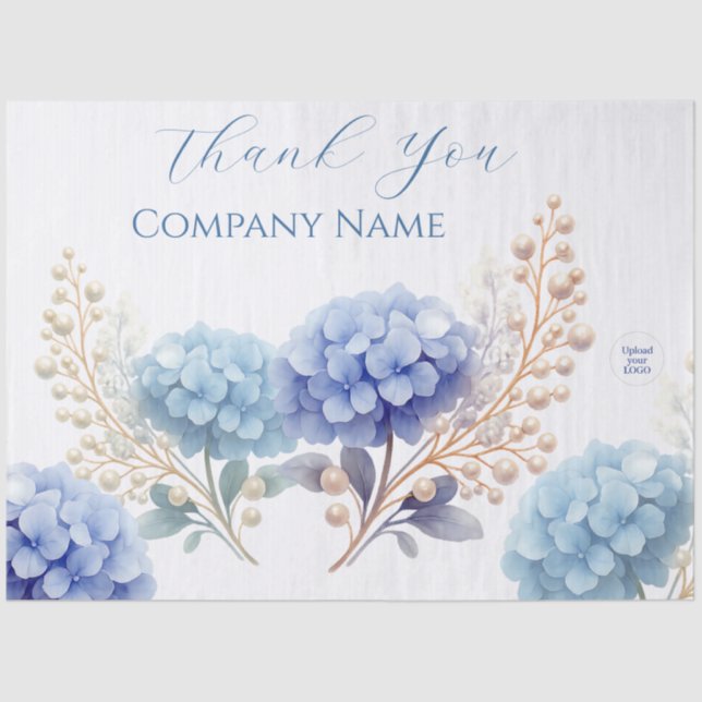 Elegant Blue Hydrangea Thank You Sticker Logo Tissue Paper (Front)