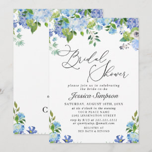 Elegant Blue Hydrangea Watercolor Bridal Shower Invitation
