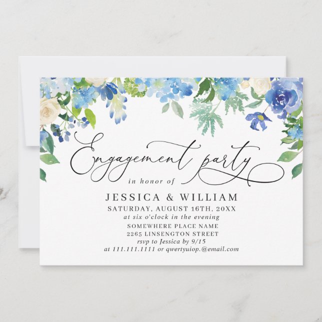 Elegant Blue Hydrangea Watercolor ENGAGEMENT PARTY Invitation (Front)