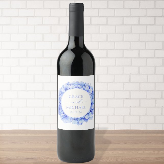 Elegant Blue Hydrangea Watercolor Floral Wedding Wine Label (Creator Uploaded)