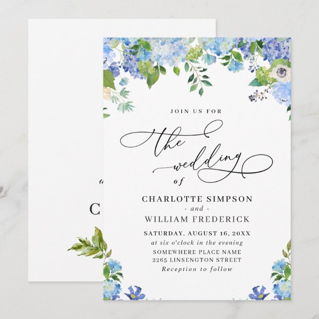 Elegant Blue Hydrangea Watercolor Greenery Wedding Invitation (Front/Back)
