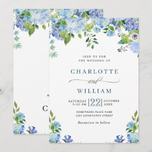 Elegant Blue Hydrangea Watercolor Greenery Wedding Invitation