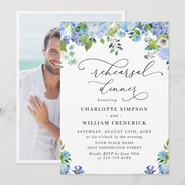 Elegant Blue Hydrangea Watercolor REHEARSAL DINNER Invitation (Front/Back)