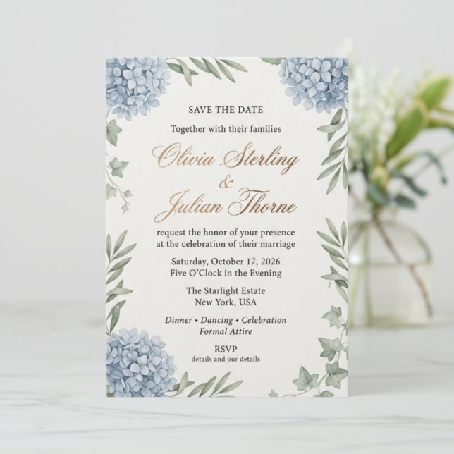 Elegant Blue Hydrangea Watercolor Wedding  Invitation (Standing Front)