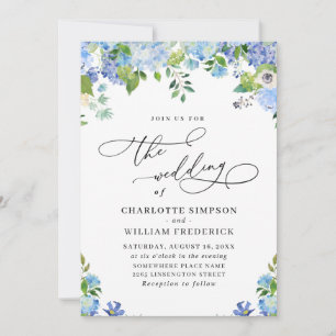Elegant Blue Hydrangea Watercolor Wedding Photo Invitation