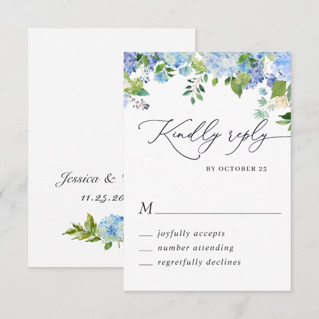 Elegant Blue Hydrangea Watercolor Wedding RSVP Card (Front/Back)