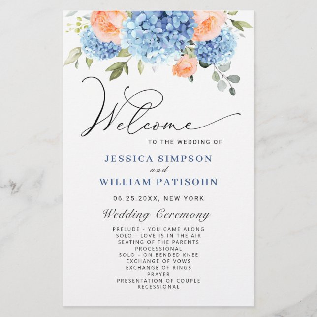 Elegant Blue Hydrangea Wedding Ceremony Program (Front)
