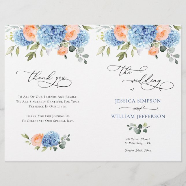 Elegant Blue Hydrangea Wedding Ceremony Program (Front)