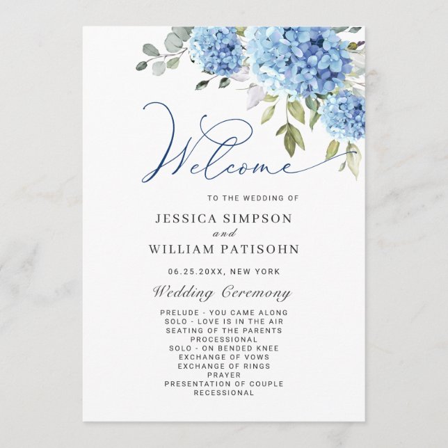 Elegant Blue Hydrangea Wedding Ceremony Program (Front)