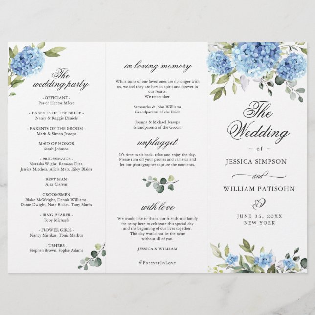 Elegant Blue Hydrangea Wedding Ceremony Program (Front)
