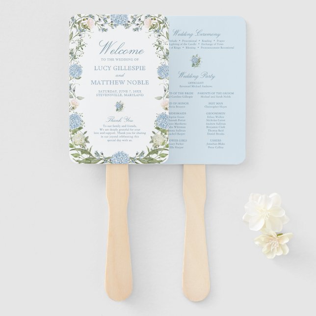 Elegant Blue Hydrangea Wedding Ceremony Program Hand Fan (Front and Back)