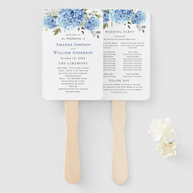 Elegant Blue Hydrangea Wedding Ceremony Program Hand Fan (Front and Back)