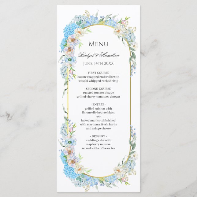 Elegant Blue Hydrangea Wedding Menu (Front)