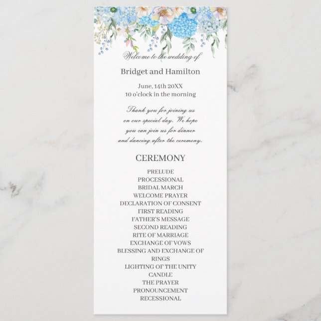 Elegant Blue Hydrangea Wedding Program (Front)