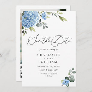 Elegant Blue Hydrangea Wedding QR code Photo Save The Date