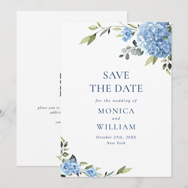 Elegant Blue Hydrangea Wedding QR code Photo Save The Date (Front/Back)