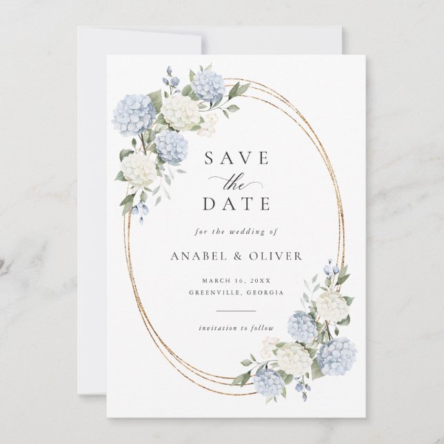 Elegant Blue Hydrangea Wedding Save the Date Invitation (Front)