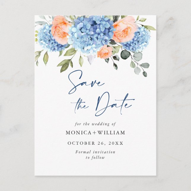 Elegant Blue Hydrangea Wedding Save the Date Postcard (Front)