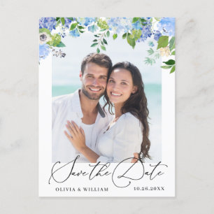 Elegant Blue Hydrangea Wedding Save the Date Postcard