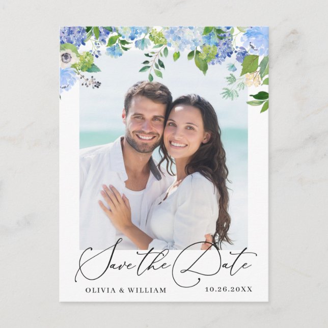 Elegant Blue Hydrangea Wedding Save the Date Postcard (Front)