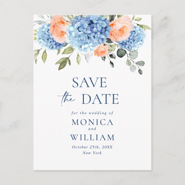 Elegant Blue Hydrangea Wedding Save the Date Postcard (Front)