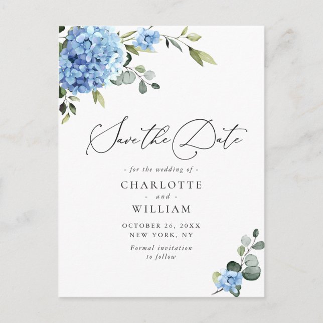 Elegant Blue Hydrangea Wedding Save the Date Postcard (Front)