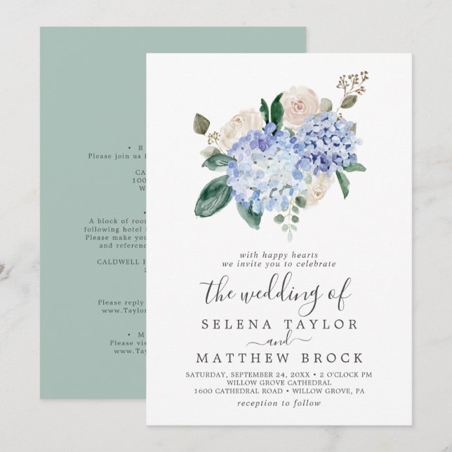 Elegant Blue Hydrangea | White All In One Wedding Invitation (Front/Back)