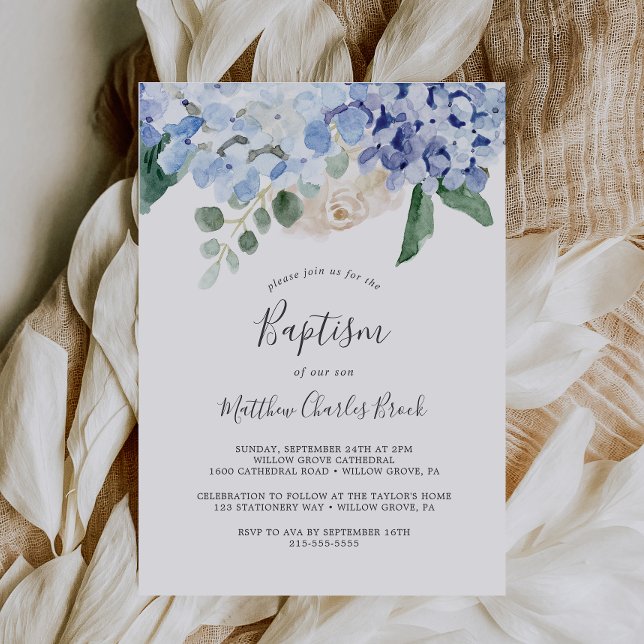 Elegant Blue Hydrangea | White Baptism Invitation (Creator Uploaded)