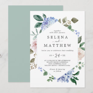 Elegant Blue Hydrangea   White Casual Wedding Invitation